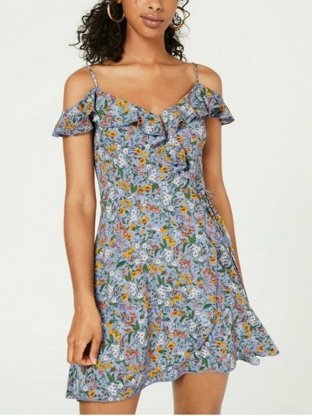 Teeze Me Perry Blue Floral Cold-Shoulder Ruffle Wrap Dress - Juniors 1/2